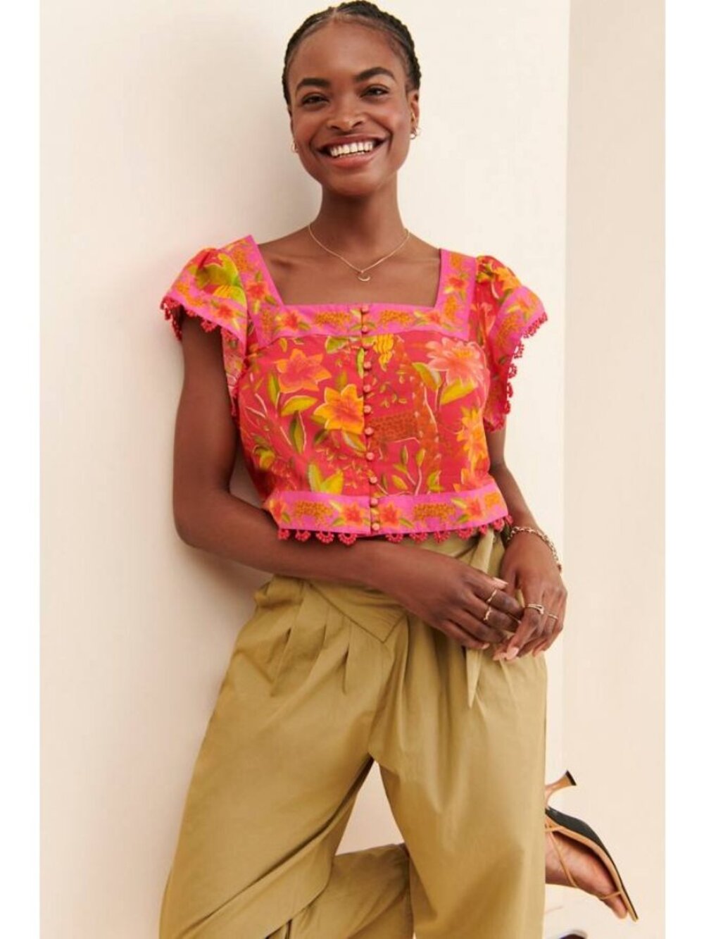 Farm Rio Tropical Print Puff Sleeve Crop Top Pink S